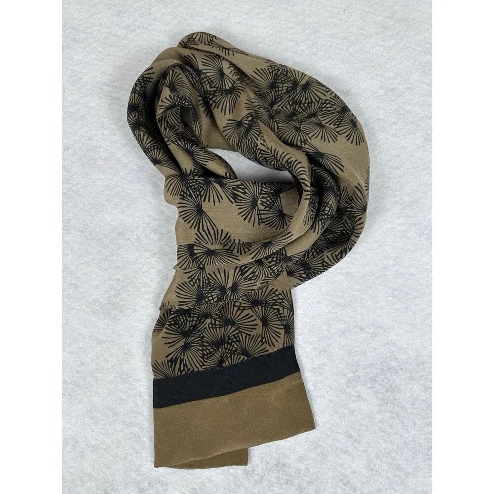 Kavita Hand Screened Silk Scarf Olive Drab Black Pine Crepe Oblong 10x64